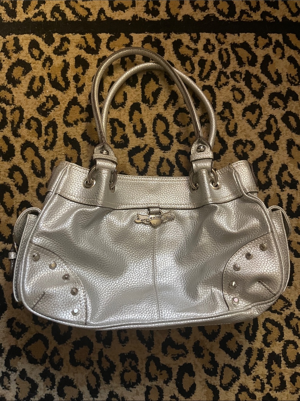 Kathy Van Zeeland Metallic Silver Pebbled Shoulder Bag with Stud Accents